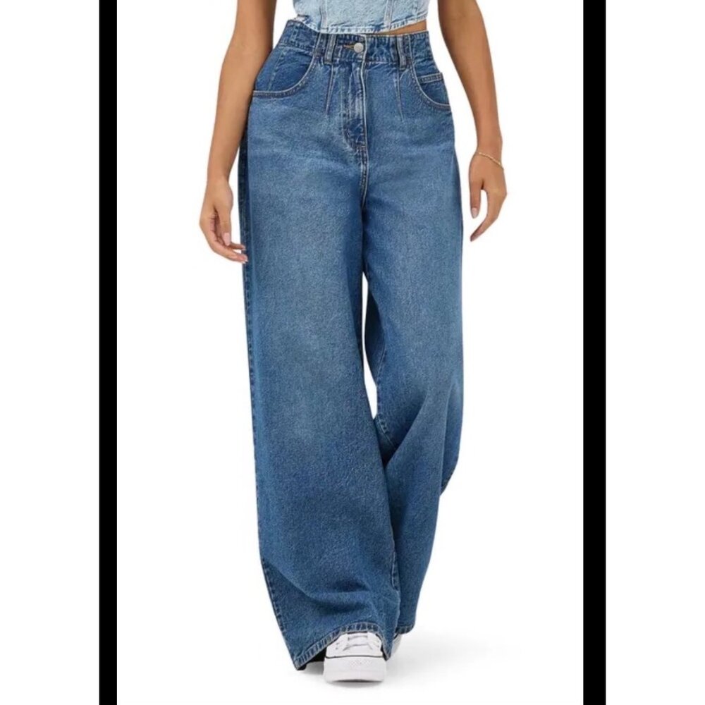 Lee Womens Wide-Leg High-Waist Moon Embroidered Jeans Blue Denim